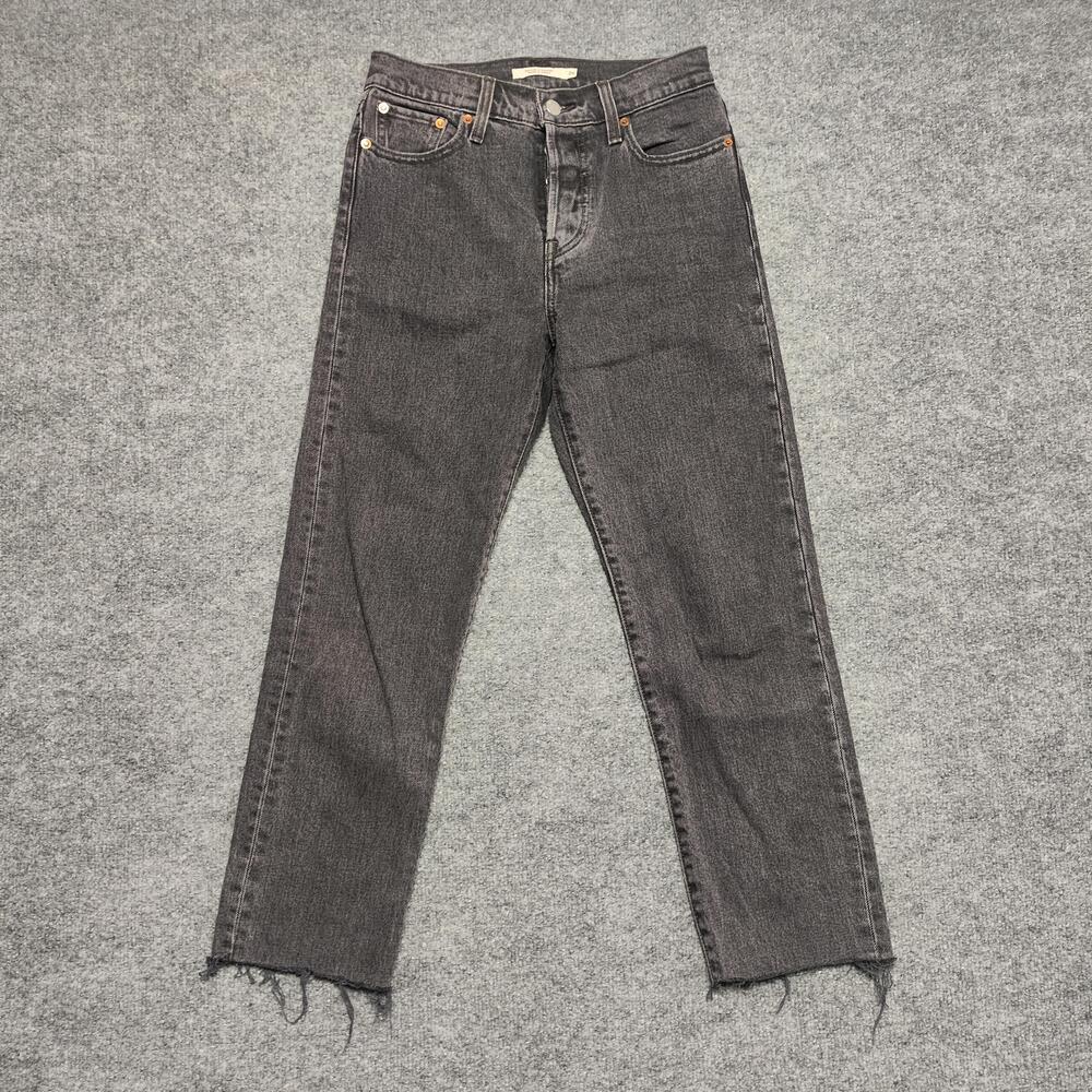 Levis Wedgie Straight Jeans Womens 26 Charcoal Wash High Rise Raw Hem Denim